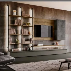 Parete attrezzata moderna con pensili sospesi e libreria in metallo disponibile in vari colori