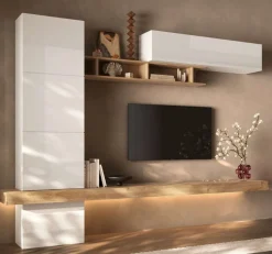 Parete attrezzata moderna con cubi sospesi in finitura Bianco lucido e Cadiz