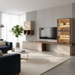 Parete attrezzata moderna con cubi con anta in vetro sospesi in finitura Mercure e Cashmere