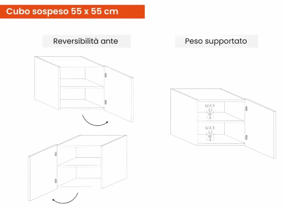 Parete attrezzata moderna con cubi con anta in vetro sospesi in finitura Mercure e Cashmere
