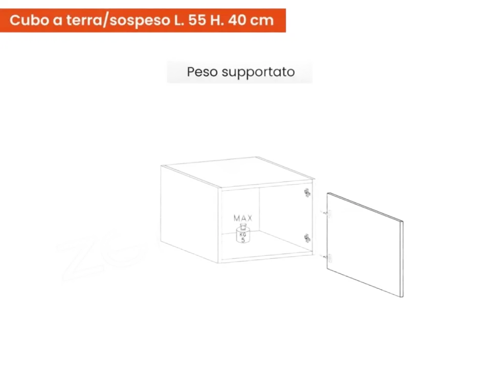 Parete attrezzata moderna con cubi con anta in vetro sospesi in finitura Mercure e Cashmere