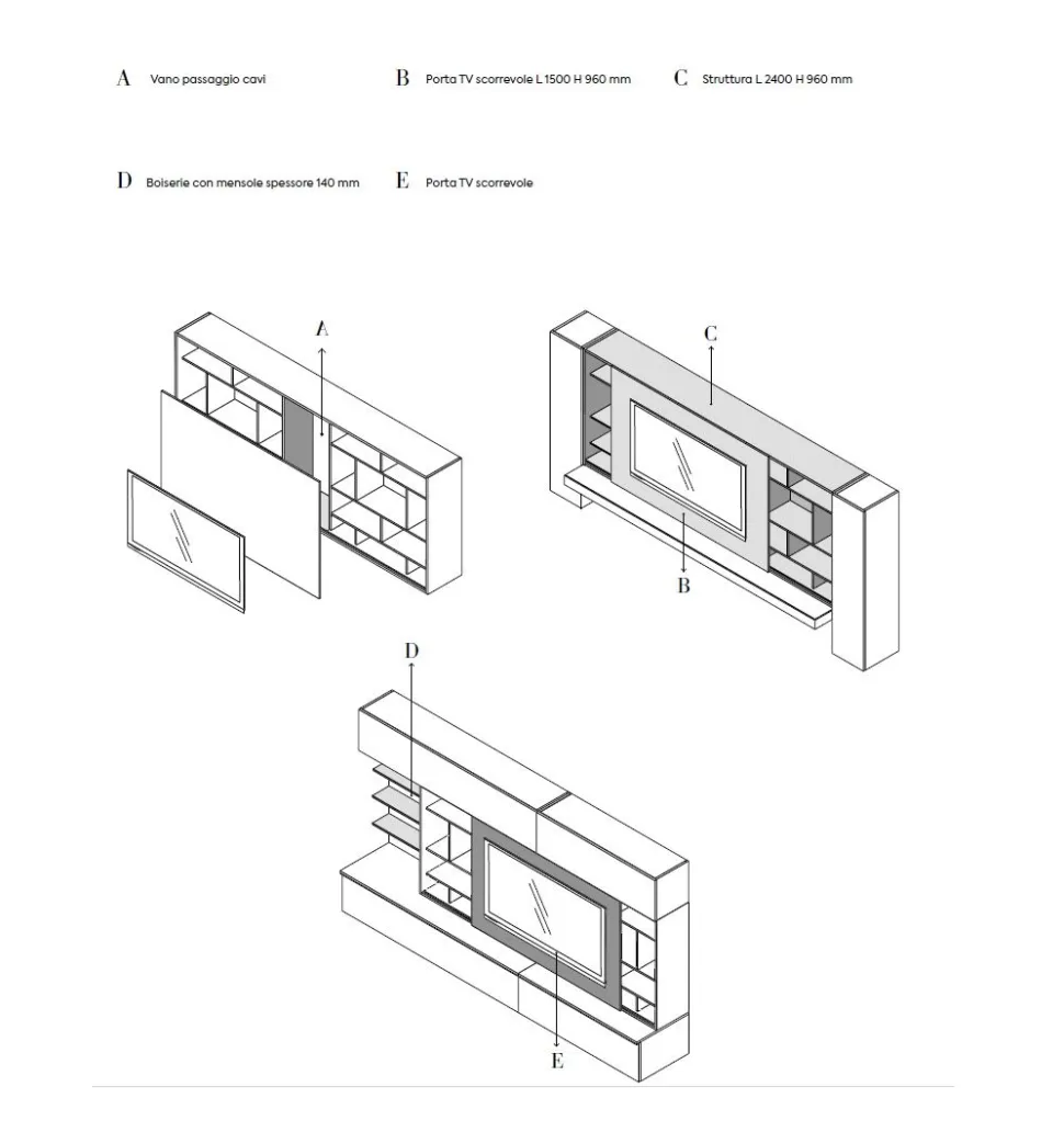 Parete attrezzata moderna con anta scorrevole porta tv disponibile in vari colori