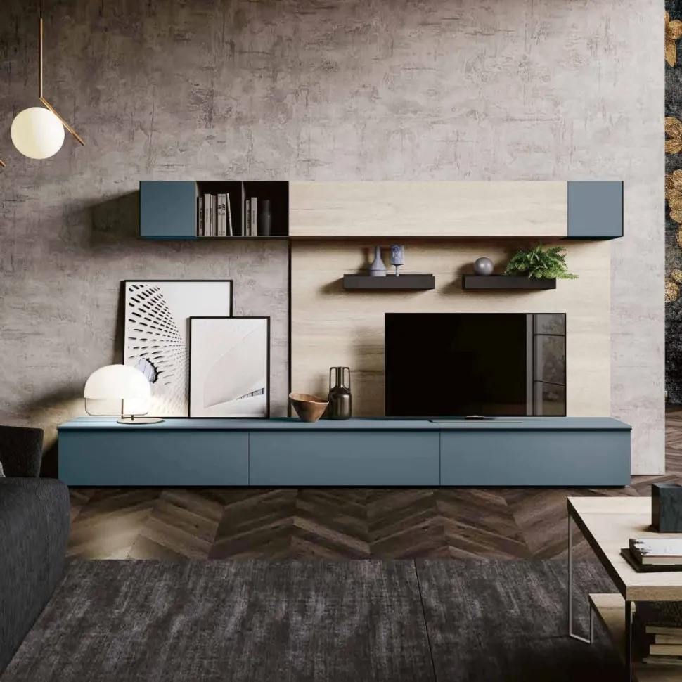 Parete attrezzata moderna con cassetti e pensili in metallo disponibile in vari colori