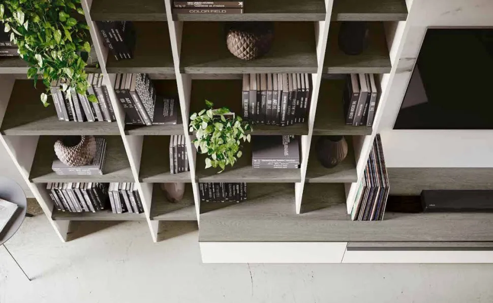 Parete attrezzata moderna con libreria e porta tv con cassetti disponibile in vari colori