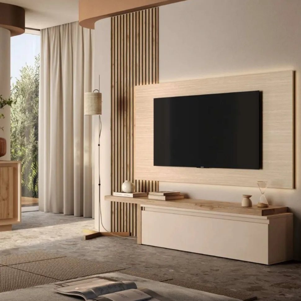 Parete attrezzata moderna con pannello porta tv in Travertino nobilitato, Cadiz cannettato e Cashmere