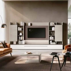 Parete attrezzata moderna componibile con libreria e pannello porta tv disponibile in vari colori