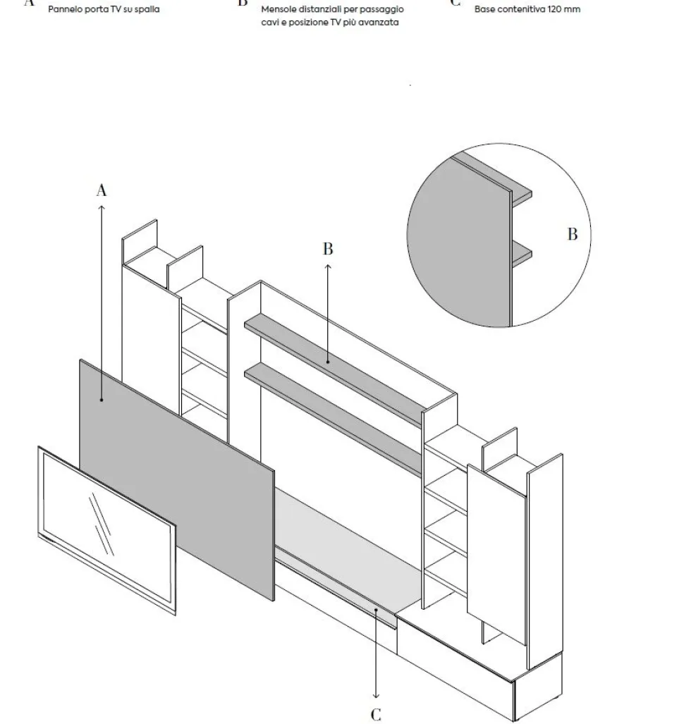 Parete attrezzata moderna componibile con libreria e pannello porta tv disponibile in vari colori