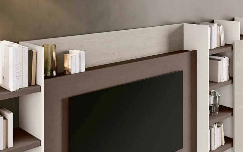 Parete attrezzata moderna componibile con libreria e pannello porta tv disponibile in vari colori