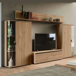 Parete attrezzata moderna finitura Noce biondo componibile con credenze con inserto in vetro Asia disponibile in vari colori