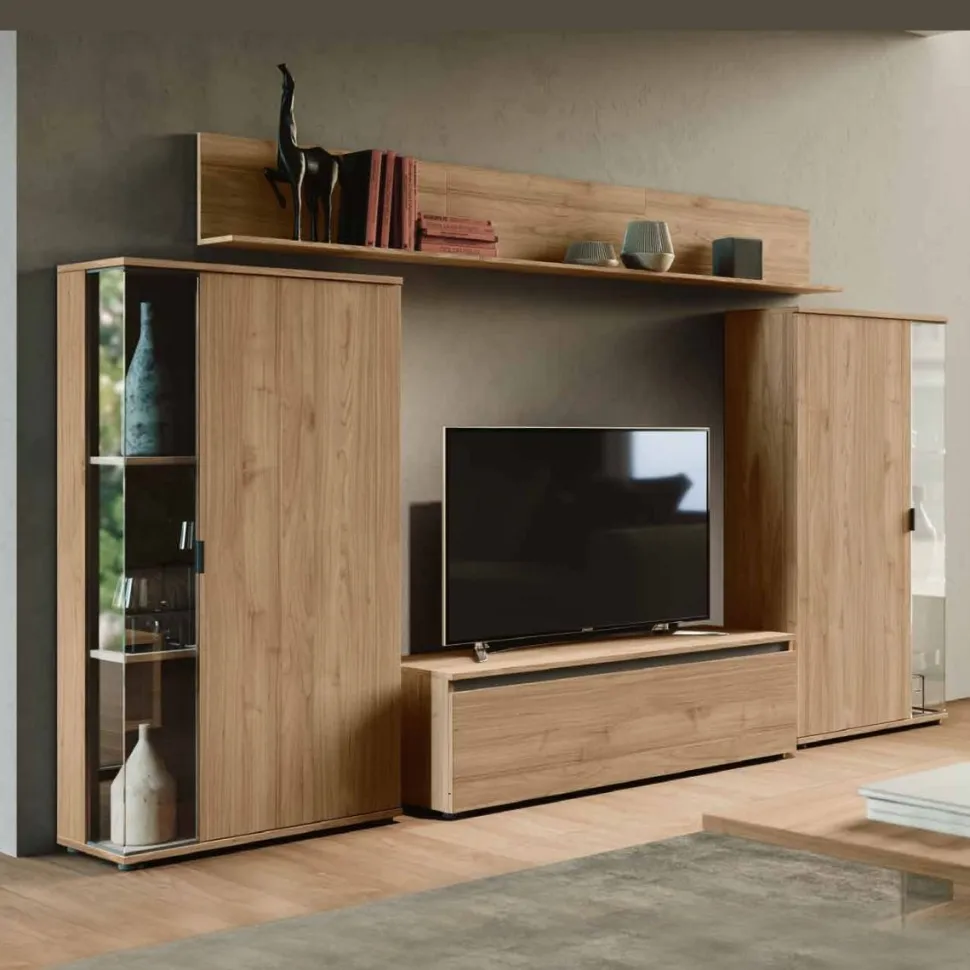 Parete attrezzata moderna finitura Noce biondo componibile con credenze con inserto in vetro Asia disponibile in vari colori