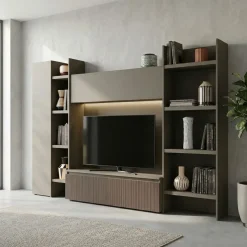 Parete attrezzata moderna Grigio cenere e Cannetato grigio con porta tv e liberie componibile disponibile in vari colori