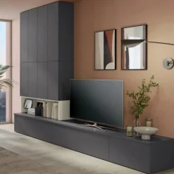 Parete attrezzata moderna Grigio Titanio con Base a terra e Pensili verticali sospesi