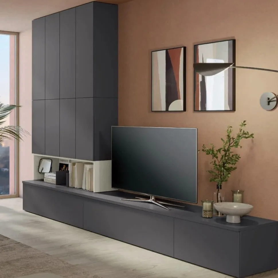 Parete attrezzata moderna Grigio Titanio con Base a terra e Pensili verticali sospesi