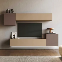 Parete attrezzata moderna ,Oro e spatolato Bronzo, con pensili sospesi componibile Cube disponibile in vari colori