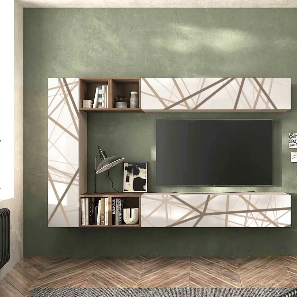Parete attrezzata moderna sospesa componibile con pensili Kube disponibile in vari colori con grafica personalizzabile