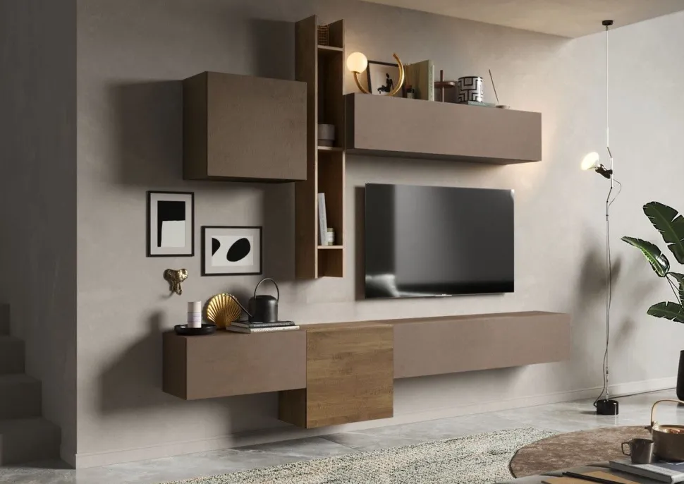 Parete attrezzata Nadine linea Arte in finitura Rovere Mercure e Bronzo