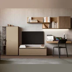 Parete attrezzata Noce biondo, Cannettato e Orzo moderna e componibile con scrivania sospesa Rodi disponibile in vari colori