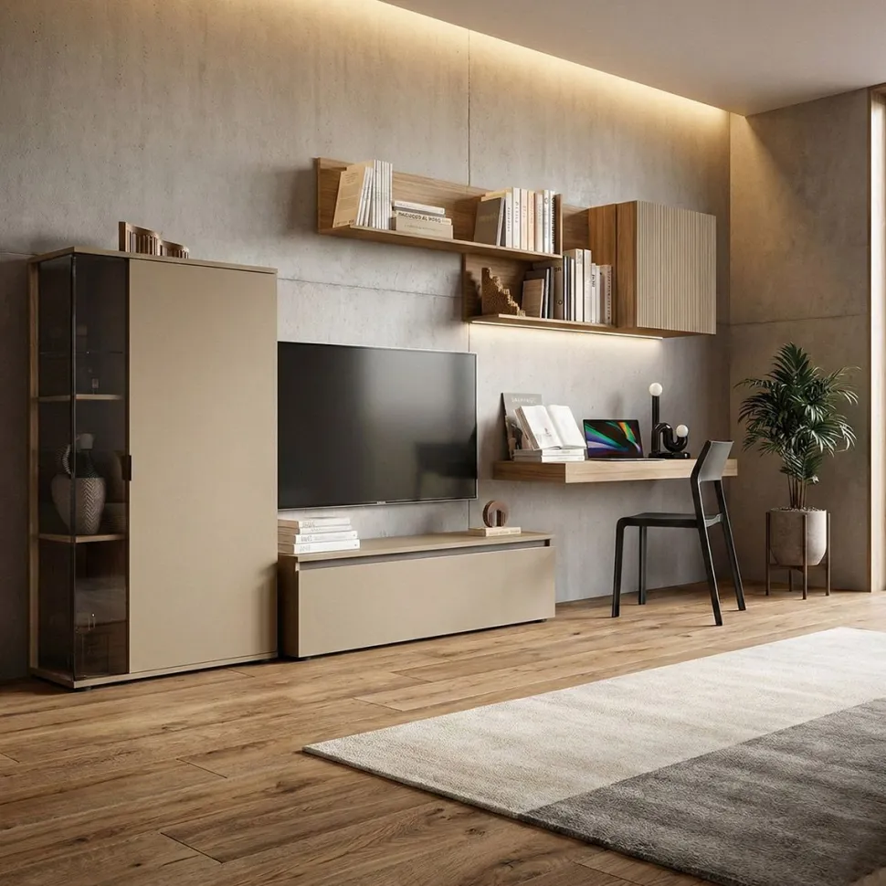 Parete attrezzata Noce biondo, Cannettato e Orzo moderna e componibile con scrivania sospesa Rodi disponibile in vari colori