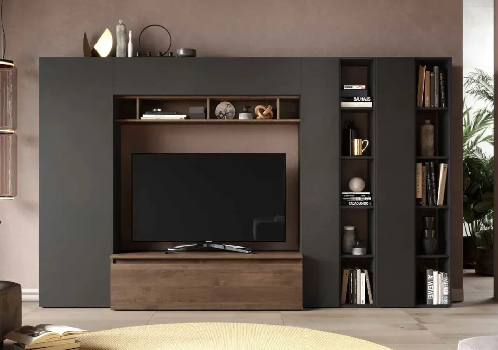 Parete attrezzata Nova linea Arte in finitura Lava e Rovere Mercure
