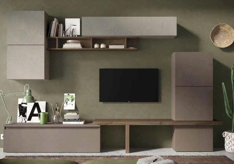 Parete attrezzata Olena linea Arte in finitura Rovere Mercure , Argilla e Bronzo