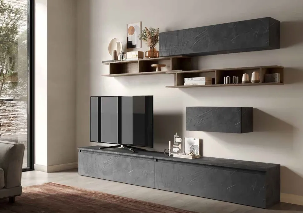 Parete attrezzata Orson linea Arte in finitura Rovere Mercure e Piombo
