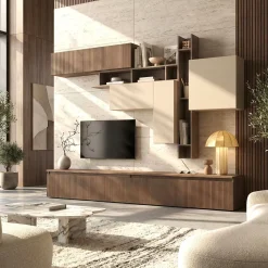 Parete attrezzata porta tv con frontali cannettati in Mercure cannettato, Bronzo e Cashmere