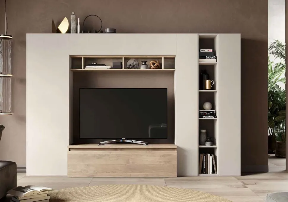Parete attrezzata Rosy linea Arte in finitura Cashmere e Rovere Cadiz