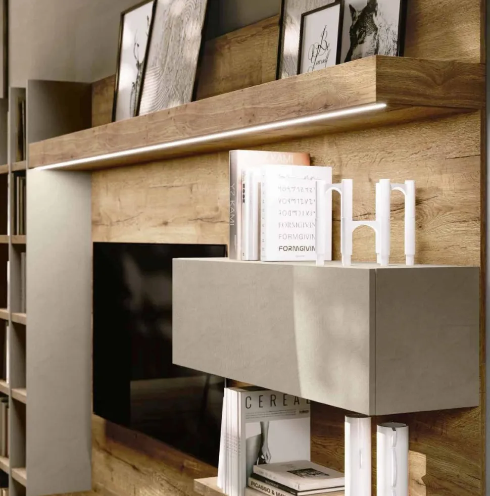 Parete attrezzata Rovere e Argilla moderna e componibile con libreria e porta tv disponibile in vari colori
