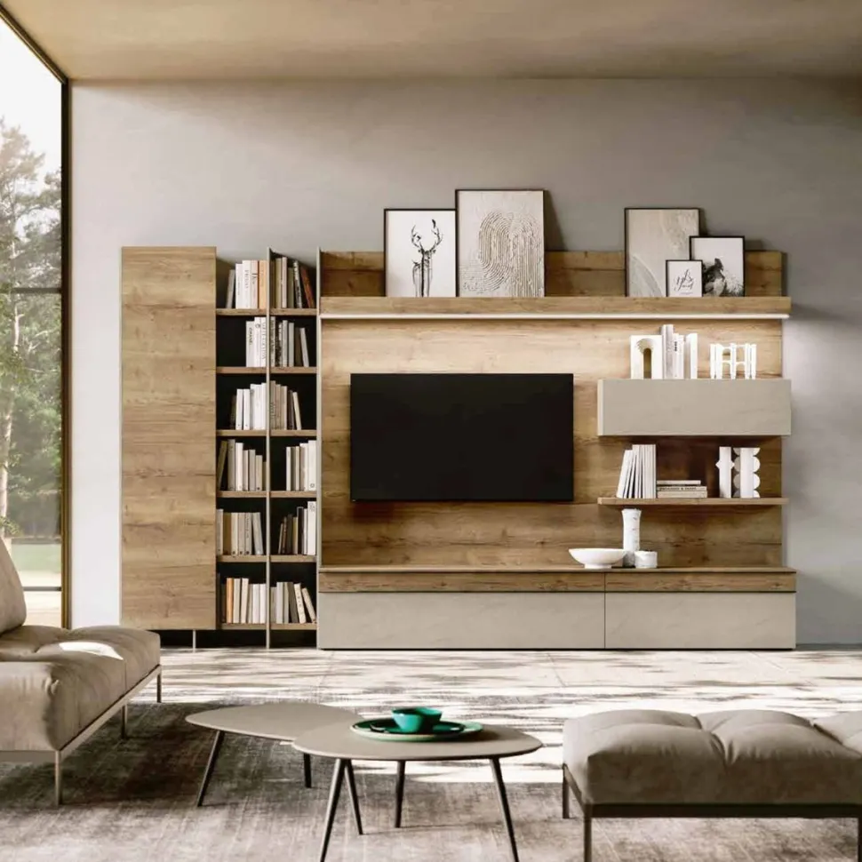 Parete attrezzata Rovere e Argilla moderna e componibile con libreria e porta tv disponibile in vari colori