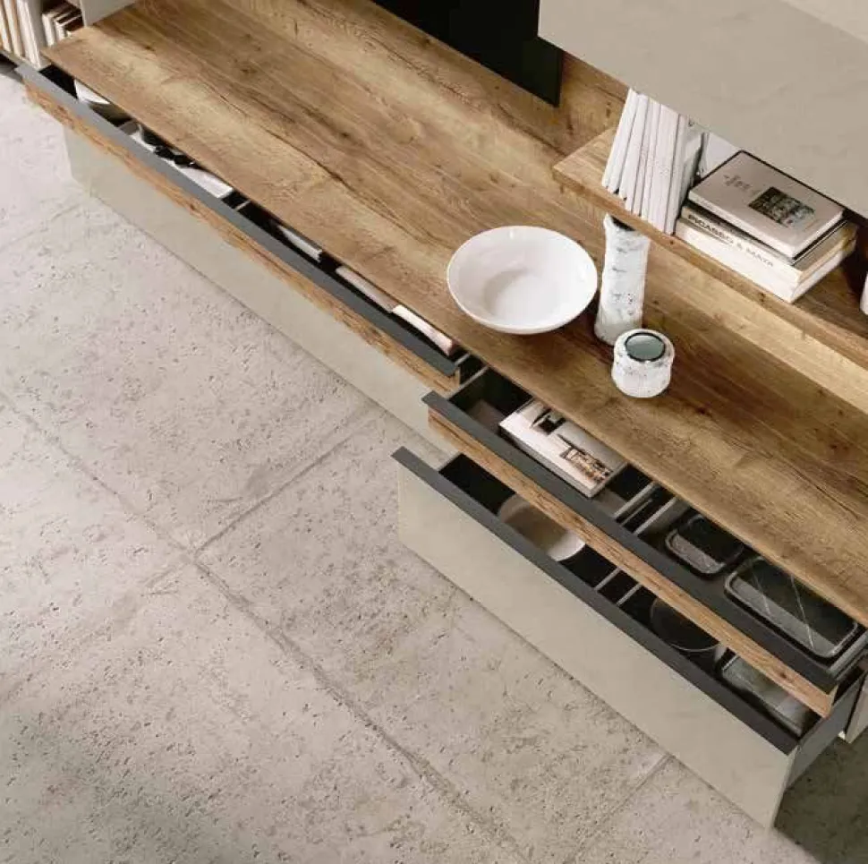 Parete attrezzata Rovere e Argilla moderna e componibile con libreria e porta tv disponibile in vari colori