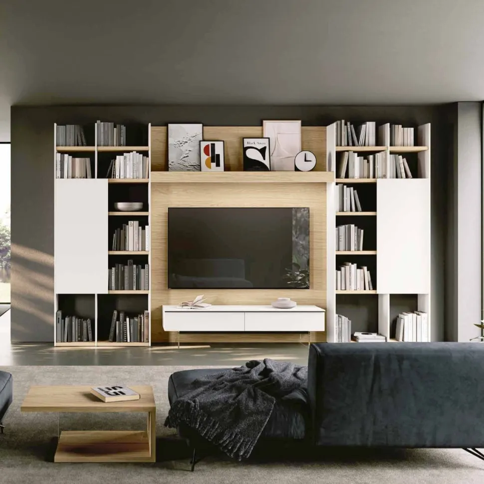 Parete attrezzata Rovere e Bianco moderna e componibile con librerie e porta tv disponibile in vari colori