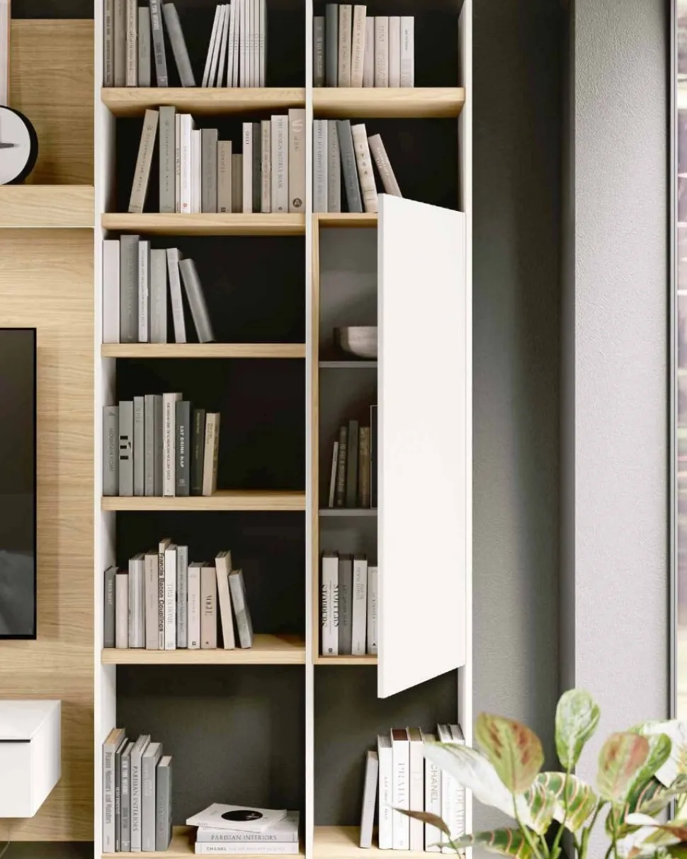 Parete attrezzata Rovere e Bianco moderna e componibile con librerie e porta tv disponibile in vari colori
