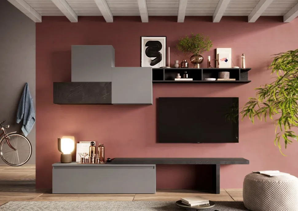 Parete attrezzata Scarlet linea Arte in finitura Ardesia e Piombo