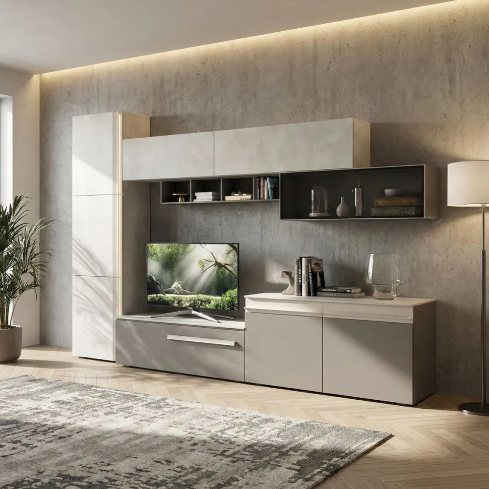 Parete attrezzata Sendy linea Domino in Cachemire e Grigio