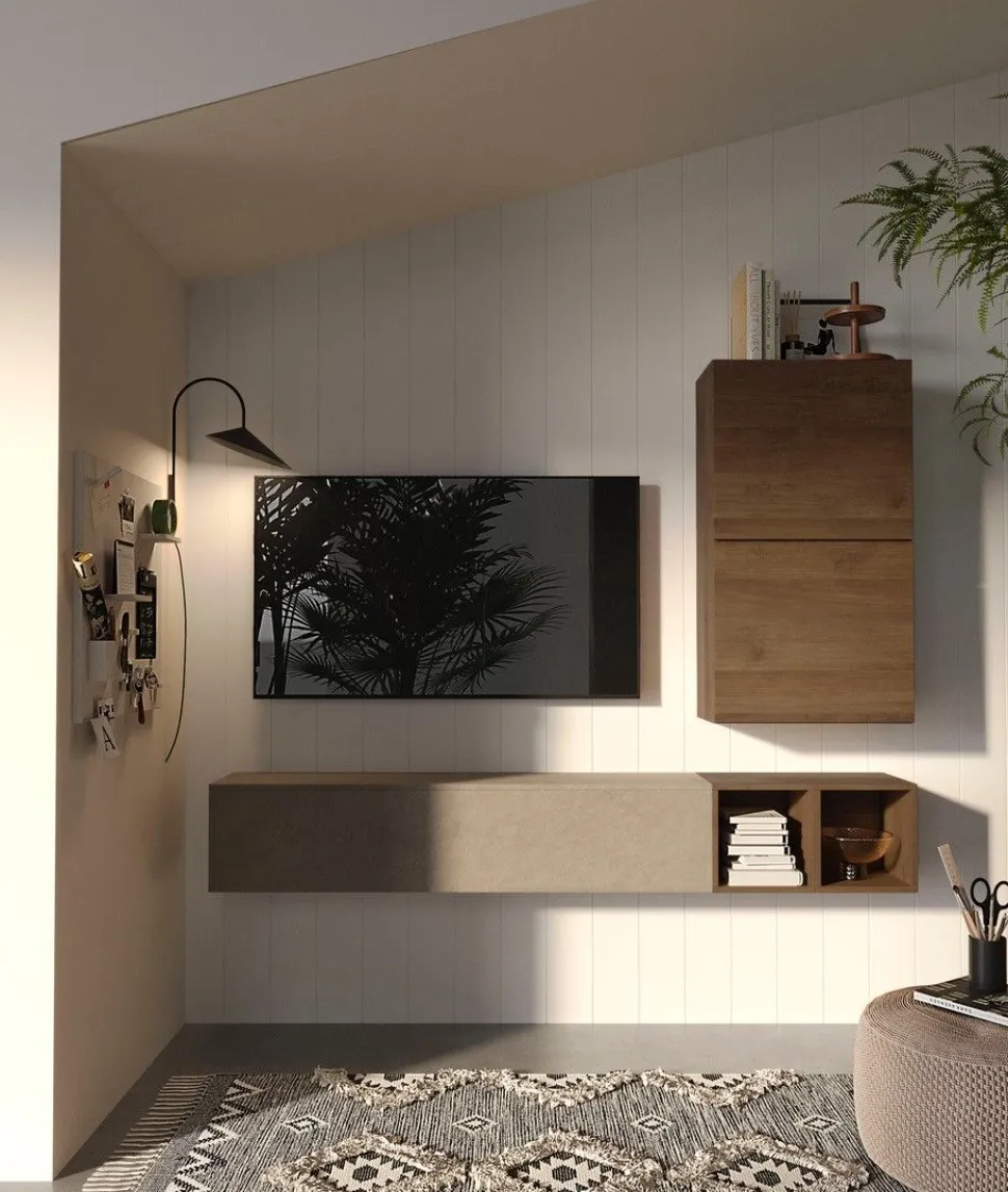 Parete attrezzata Sonia linea Arte in finitura Rovere Mercure e Argilla