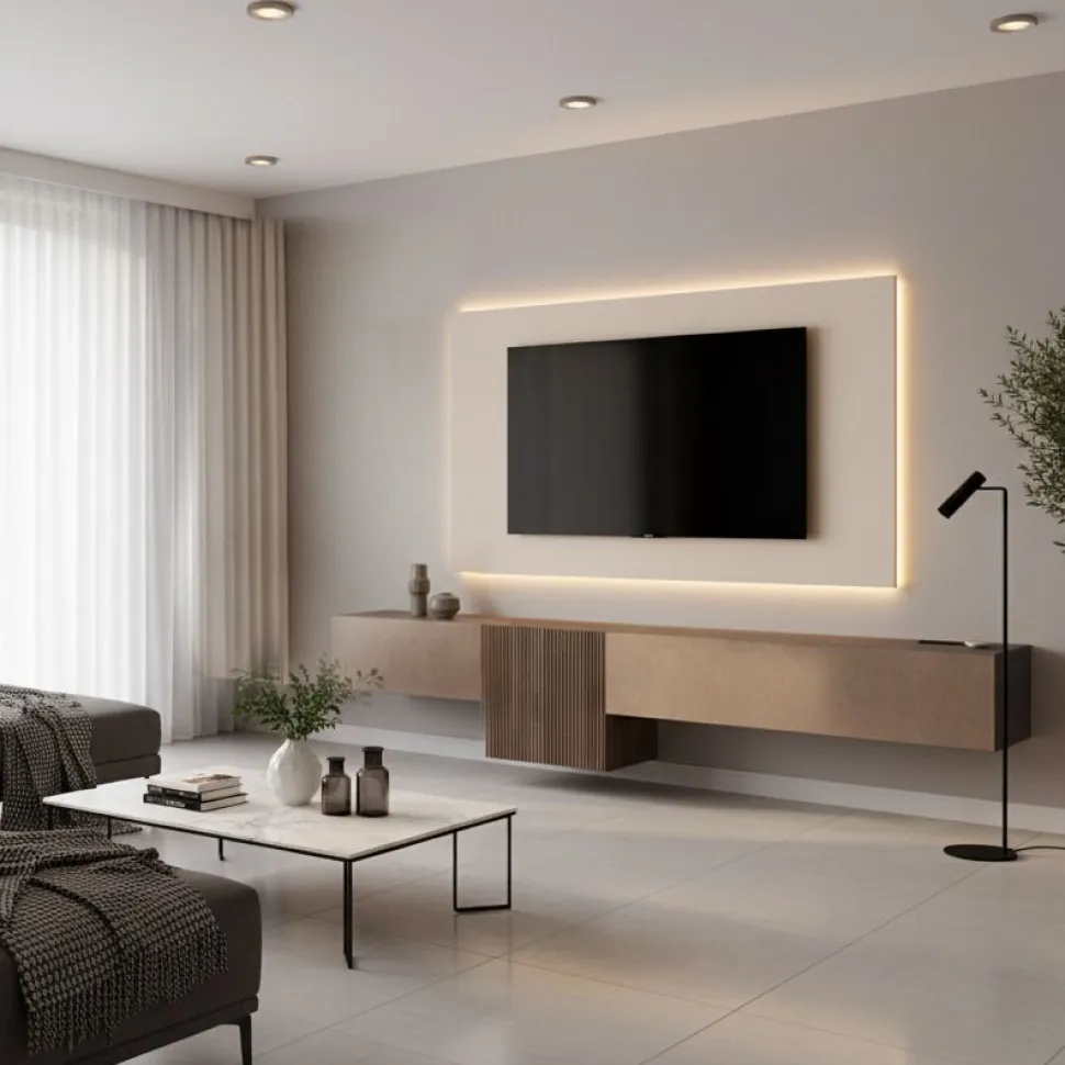 Parete attrezzata sospesa con pensili in Mercure cannettato in rilievo, Bronzo e Cashmere