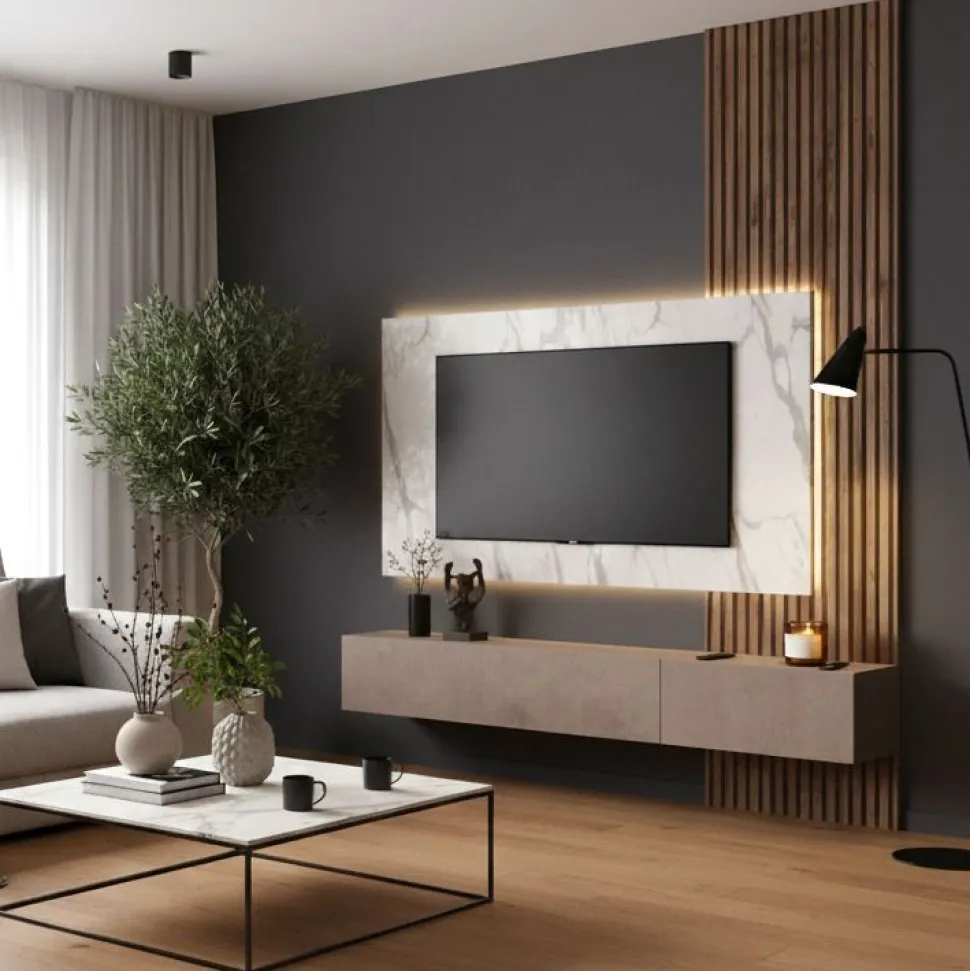 Parete attrezzata sospesa con Boiserie in cannettato e pannello porta tv in Bronzo, effetto Marmo bianco e Mercure
