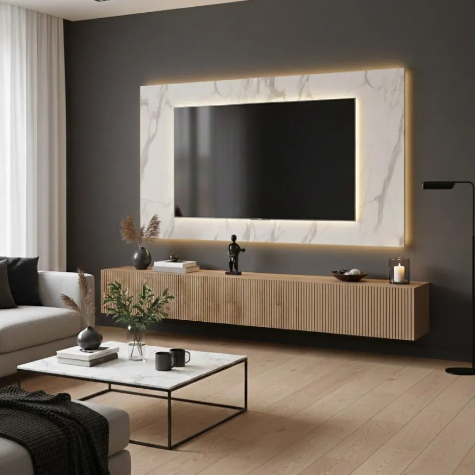 Parete attrezzata sospesa con pannello porta tv in Cadiz cannettato ed effetto Marmo bianco