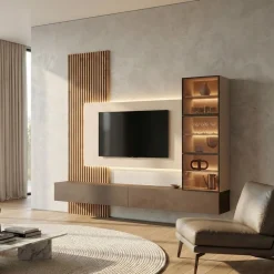 Parete attrezzata sospesa con pensili in vetro e pannello porta tv in Cadiz cannettato, Cashmere e Bronzo