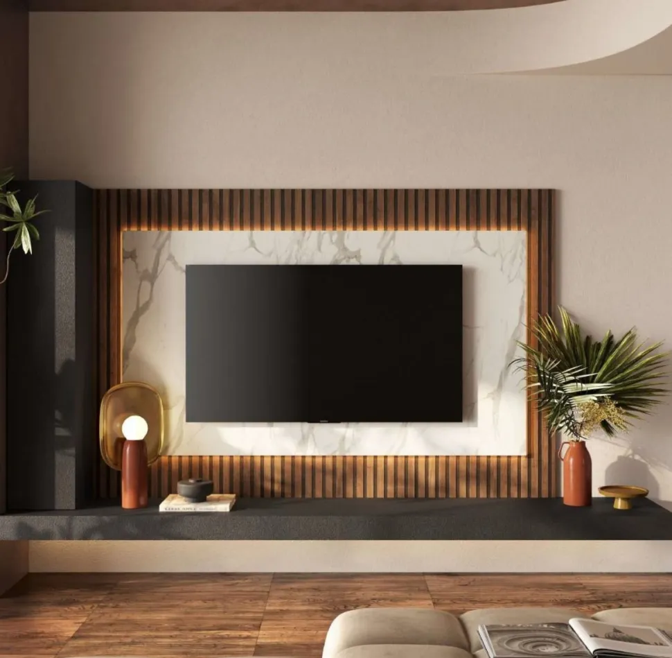 Parete attrezzata sospesa con pannello porta tv in effetto Marmo bianco, Lava e Mercure cannettato