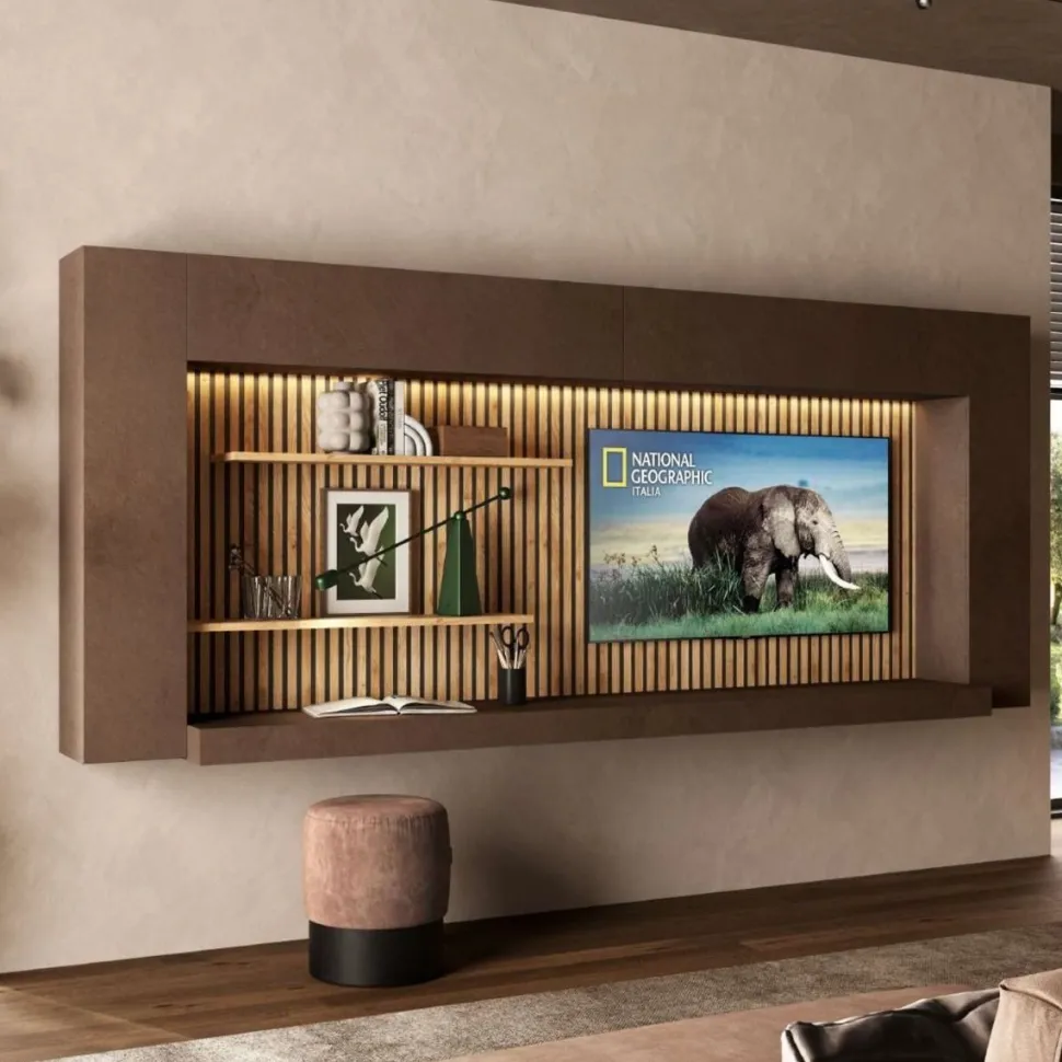 Parete attrezzata sospesa con boiserie con mensole e pensili sospesi in Bronzo e Cadiz cannettato