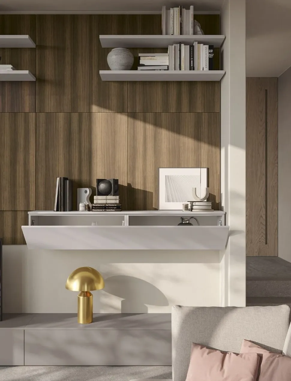 Parete attrezzata sospesa Compact con pannelli disponibile in 21 colorazioni