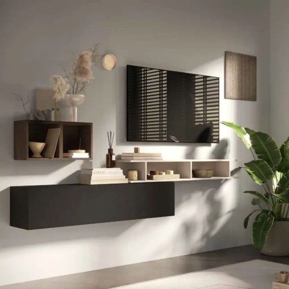 Parete attrezzata sospesa Diletta linea Arte in finitura Lava , Cashmere e Rovere Mercure