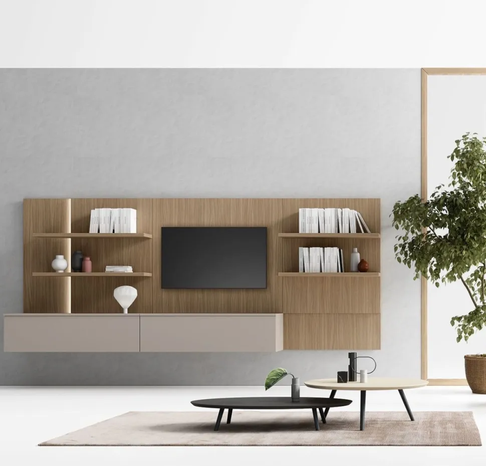 Parete attrezzata sospesa Dumas con pannello porta TV disponibile in vari colori