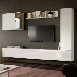 Parete attrezzata sospesa finitura Bianco Lucido moderna e componibile con cubo con inserto in vetro Paul disponibile in vari colori