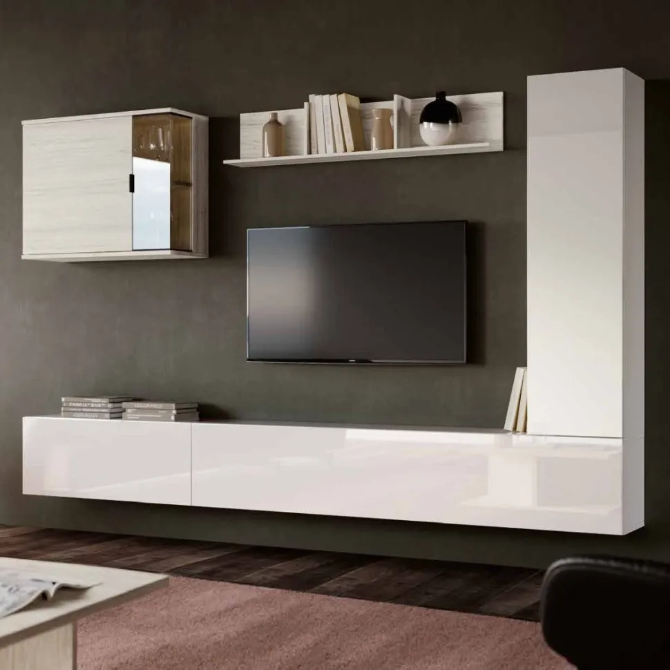 Parete attrezzata sospesa finitura Bianco Lucido moderna e componibile con cubo con inserto in vetro Paul disponibile in vari colori