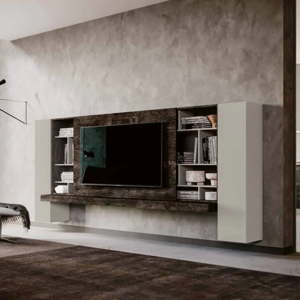 Parete attrezzata sospesa moderna con anta scorrevole porta tv disponibile in vari colori