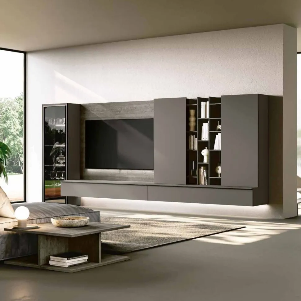 Parete attrezzata sospesa moderna con pensili sospesi e vetrina disponibile in vari colori