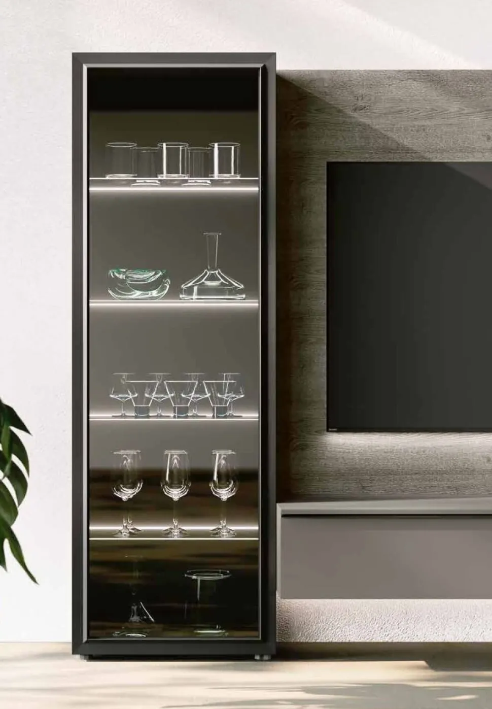 Parete attrezzata sospesa moderna con pensili sospesi e vetrina disponibile in vari colori