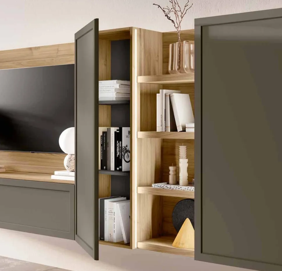 Parete attrezzata sospesa moderna con ante a telaio disponibile in vari colori